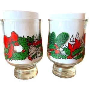 Vintage Libbey Holiday Pedestal Glasses- Wreath & Candles- Set of 2